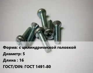 Винт с цилиндрической головкой 5х16 ГОСТ 1491-80